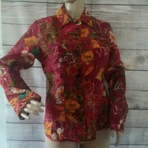 Chico's Red Floral Print Button Down Blouse Size S